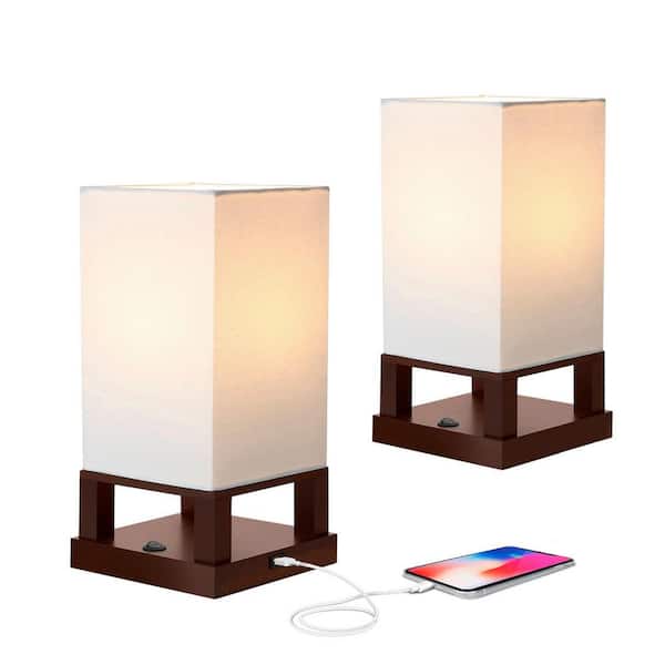 Brightech Maxwell 14 in. Havana Brown Wood Modern LED Bedside Table Lamp with White Fabric Shade and Built-In USB Port (2-Pack)