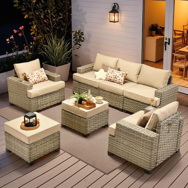 OVIOS Tiberty Gray 7-Piece Wicker Patio Conversation Seating Set with Beige Cushions