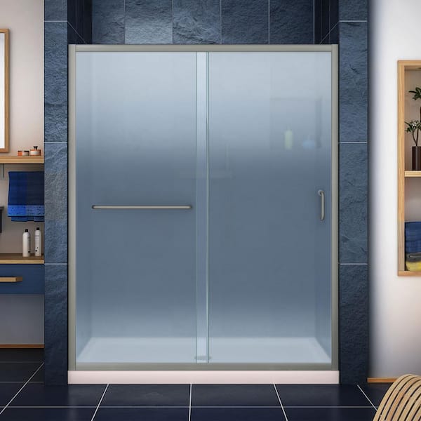 DreamLine Infinity-Z 36 in. x 60 in. Semi-Frameless Sliding Shower Door in Brushed Nickel with Center Drain Shower Base in Biscuit