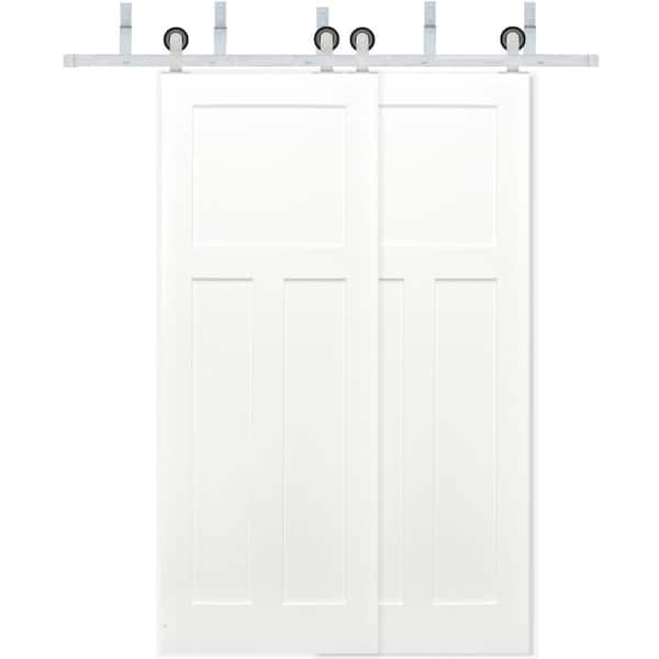 Pacific Entries 60 in. x 80 in. Bypass 3-Panel Solid Core Primed Pine Wood Sliding Barn Door with Satin Nickel Hardware Kit