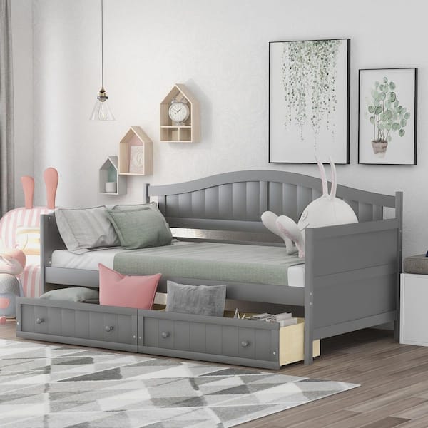 Glenn Gray+Gray Wood Frame Twin Size Daybed with 2 Drawers