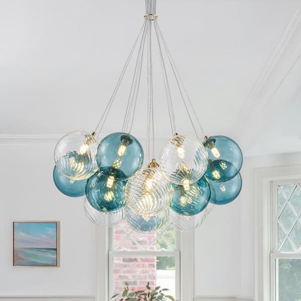 Alma 16-Light 25.6 in.W Brass and Blue Modern Cluster Chandelier with Blue Glass and Twisted Glass for Living Room