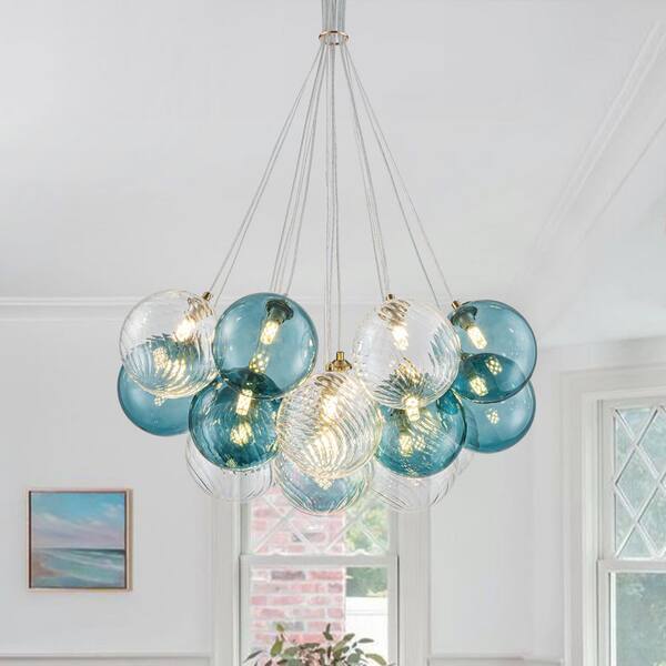 HUOKU Alma 16-Light 25.6 in.W Brass and Blue Modern Cluster