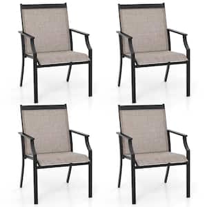 Patio Chairs Outdoor Dining Chair with Curved Backrest Long Armrest Breathable Fabric in Coffee (Set of 4)