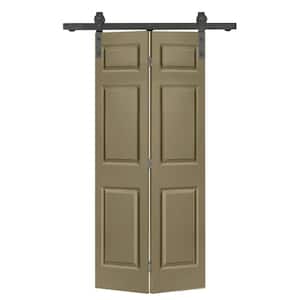 24 in. x 80 in. 6 Panel Olive Green Painted MDF Composite Bi-Fold Barn Door with Sliding Hardware Kit