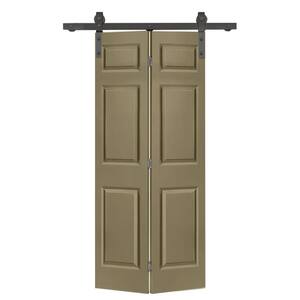 24 in. x 84 in. 6-Panel Olive Green Painted MDF Hollow Core Composite Bi-Fold Barn Door with Sliding Hardware Kit