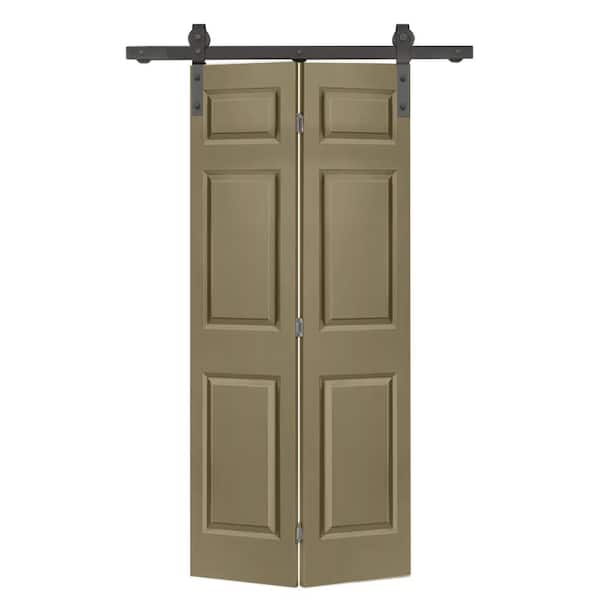 CALHOME 24 in. x 84 in. 6-Panel Olive Green Painted MDF Hollow Core Composite Bi-Fold Barn Door with Sliding Hardware Kit