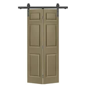 36 in. x 84 in. 6 Panel Hollow Core Olive Green Painted MDF Composite Bi-Fold Barn Door with Sliding Hardware Kit