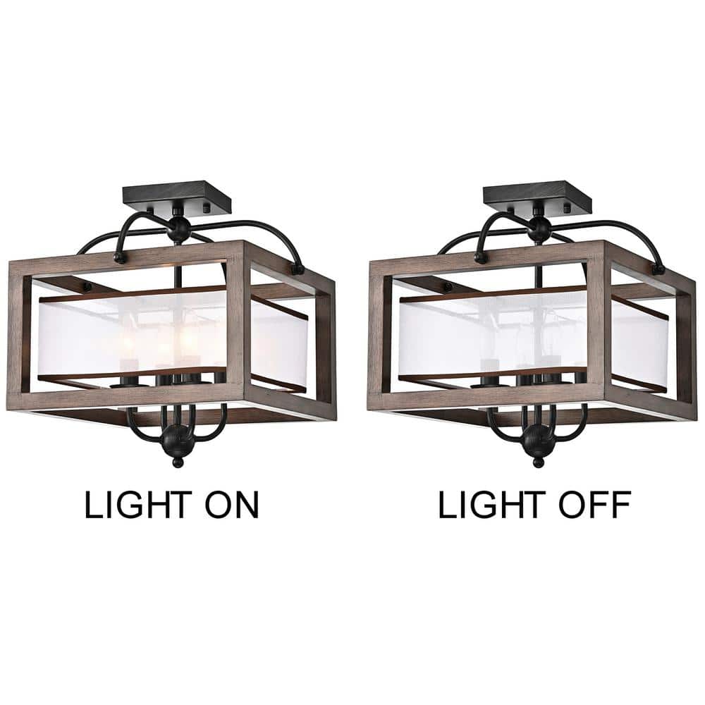 Antique Black and Wood Flush Mount Light with Fabric Shade