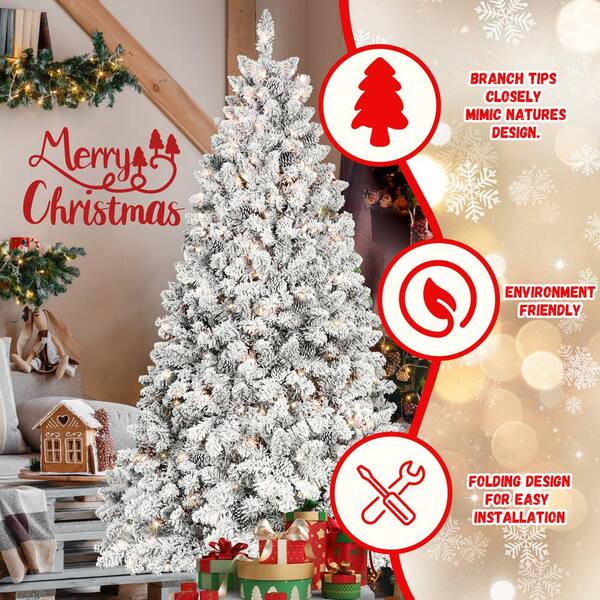 Unbranded - 8 ft. Snow-Flocked Artificial Christmas Tree with Pine Cones, Prelit Xmas Trees Garden Statue