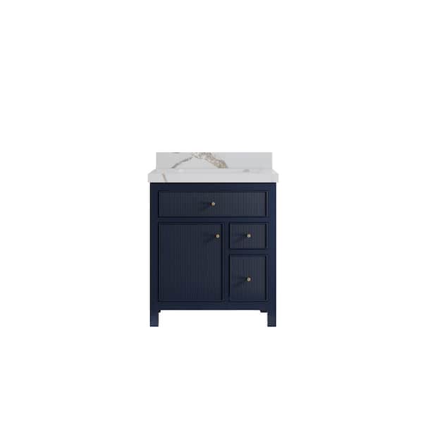 Willow Collections Sonoma 30 in. Single Sink Freestanding Navy Blue Bath Vanity with Calacatta Gold Quartz Top Unassembled