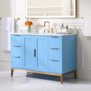 48 in.W x 22 in.D x 35 in.H Solid Wood Bath Vanity in Blue with White Quartz Top, Single Sink,Soft-Close Drawer and Door