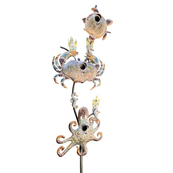 Zaer Ltd. International 85 in. Tall Coastal Style Birdhouse Stake - Sea Turtle and Crab