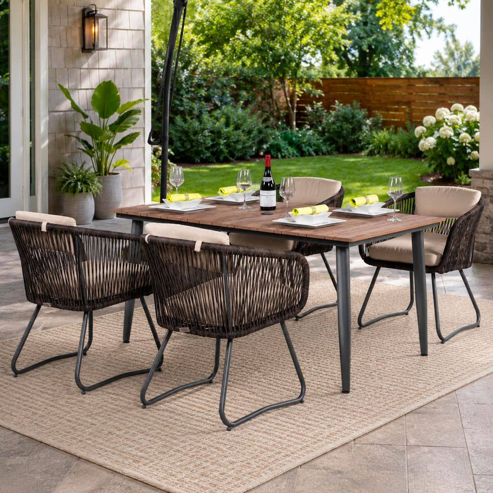 5-Piece Metal Rectangular Outdoor Dining Set with Beige Cushions