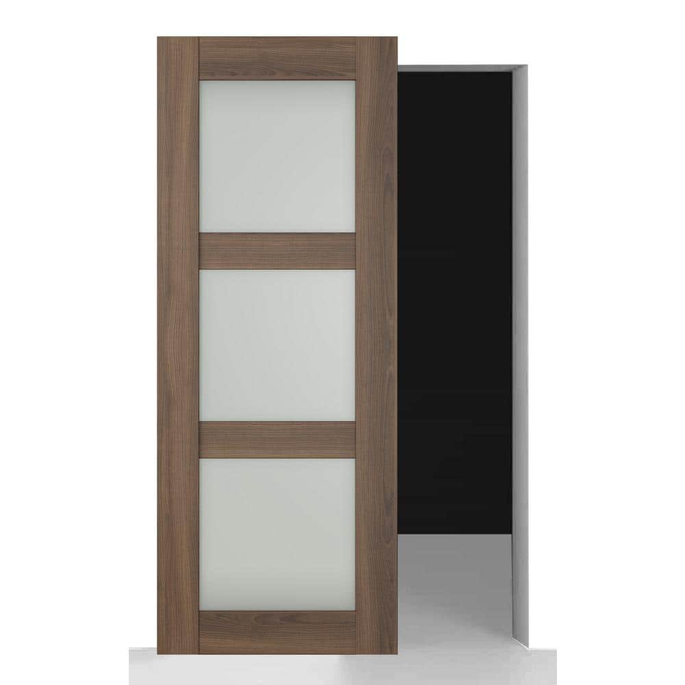 Vona 3Lite 36 in. x 80 in. Frosted Glass Pecan Nutwood Wood w/ BaseBoard Hidden Sliding Barn Door with Hardware Kit price history on PriceWatchPro