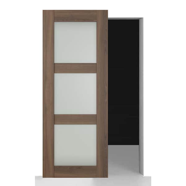 Belldinni Vona 3 Lite 24 in. x 84 in. Frosted Glass Pecan Nutwood Wood with Base Board Hidden Sliding Barn Door with Hardware Kit