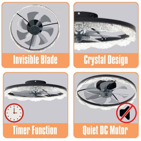 24 in. Flush Mount Low Profile Ceiling Fan with Lights, Smart App Remote Control, Integrated LED, Black