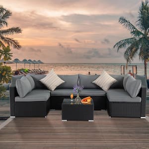 7-Piece Wicker Patio Conversation Seating Set with Gray Cushions