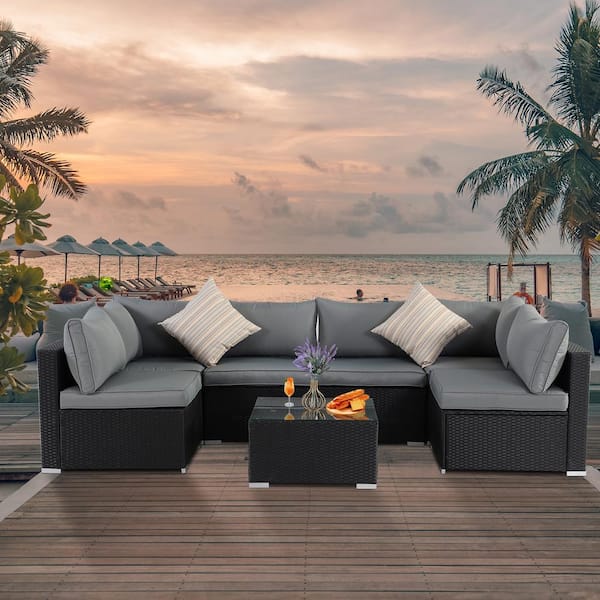 Runesay 7-Piece Wicker Patio Conversation Seating Set with Gray Cushions
