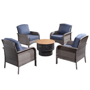 Venice Gray 5-Piece Wicker Outdoor Patio Conversation Chair Set with a Wood-Burning Fire Pit and Denim Blue Cushions