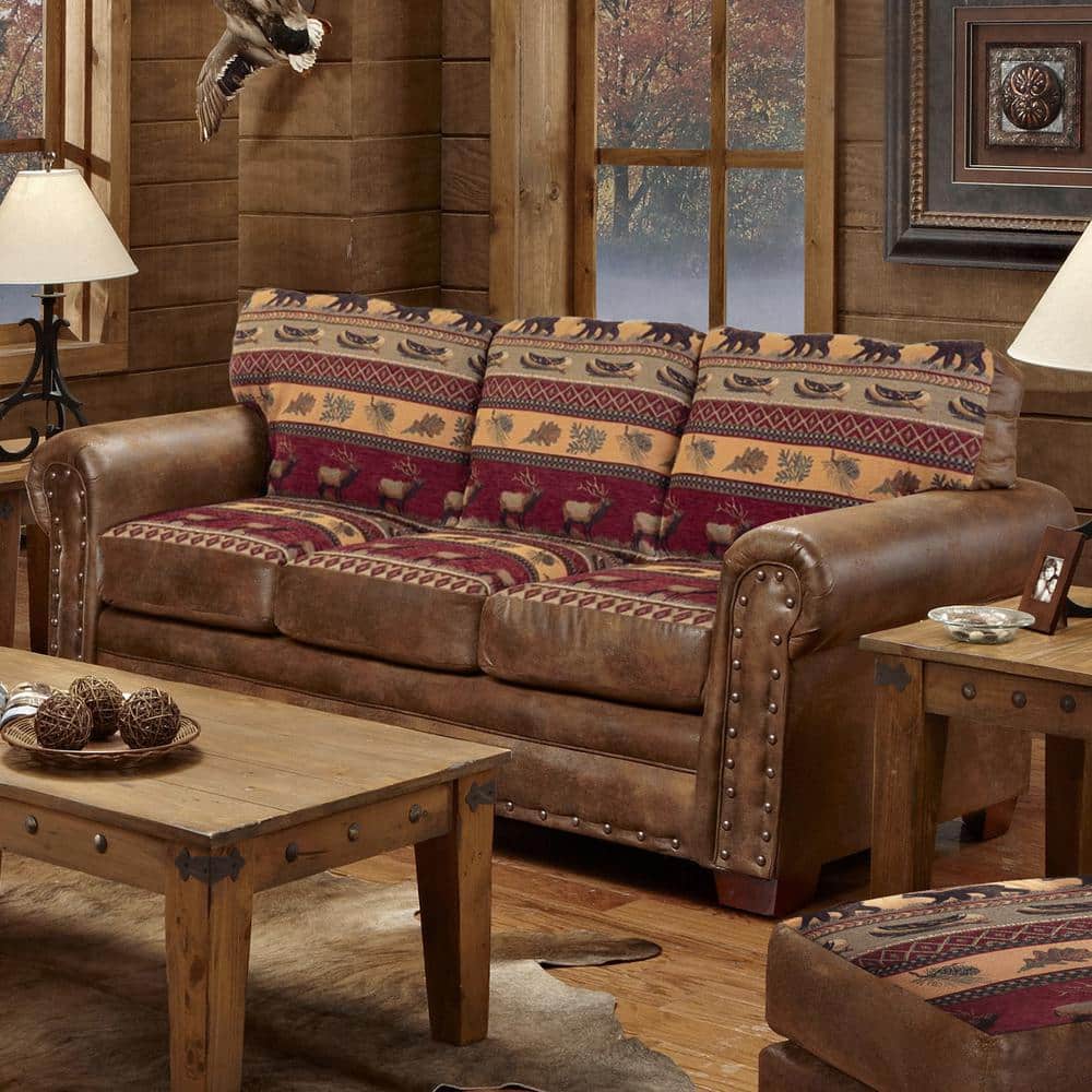 Brown Microfiber and Tapestry Lodge Sofa with Nailhead Trim