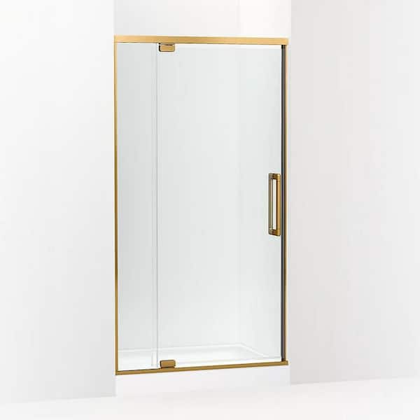 Statement 42 in. W x 76 in. H Pivot Framed Shower Door in Brass Finish with Clear Glass