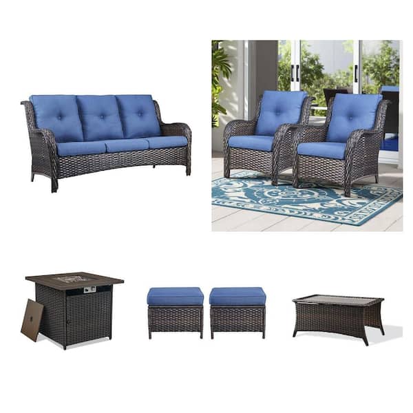 3 Seat Wicker Sofa, Lounge Chair (2-Pack), 30 in. Fire Pit Table, Ottoman (2-Pack) and Coffee Table Combo