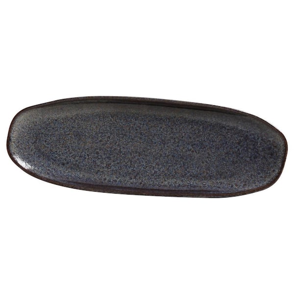 14.17 in. Titanium Dark Blue Stoneware Shallow Oval Platter Large Organic (Set of 4)