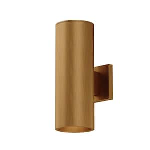 Seville 14.25 in. H Warm Brass Outdoor Mid Century Modern 2-Light Outdoor Cylinder Wall Sconce, Up-Down Lighting