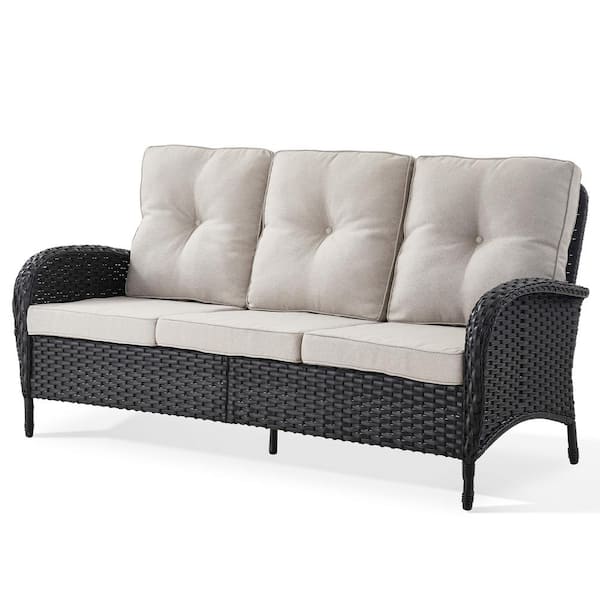 Flat armrest series 3 Seat Black Wicker Outdoor Patio Sofa Couch with Deep Seating and Bege Cushions