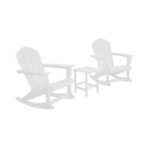Laguna 3-Piece Fade Resistant Outdoor Patio HDPE Poly Plastic Adirondack Rocking Chairs and Side Table Set, White