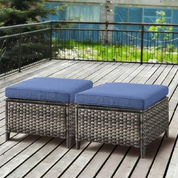 ArcoBay Metal and Gray Wicker Outdoor Ottoman with Olefin Navy Blue Family Cushion (2-Pack)