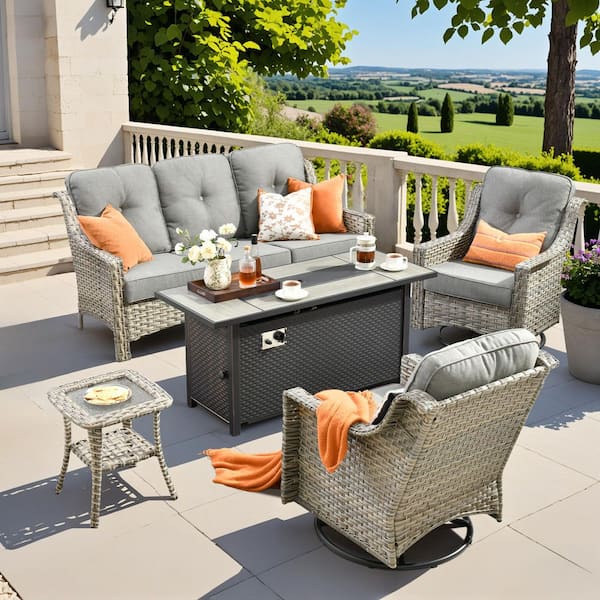 XIZZI Blanche 5-Piece Wicker Patio Rectangular Fire Pit Set with Dark Gray Cushions and Swivel Rocking Chairs