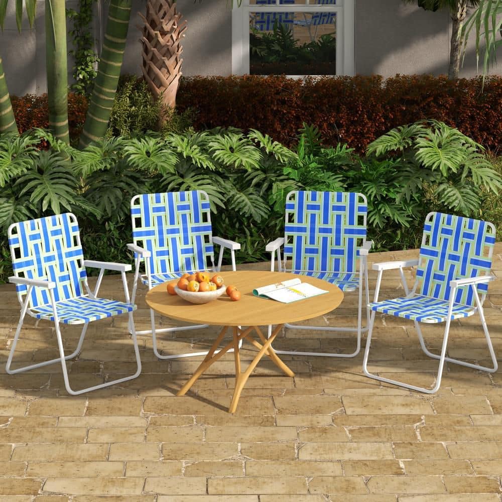 HONEY JOY Blue Metal Folding Webbed Lawn Chairs, Outdoor Patio