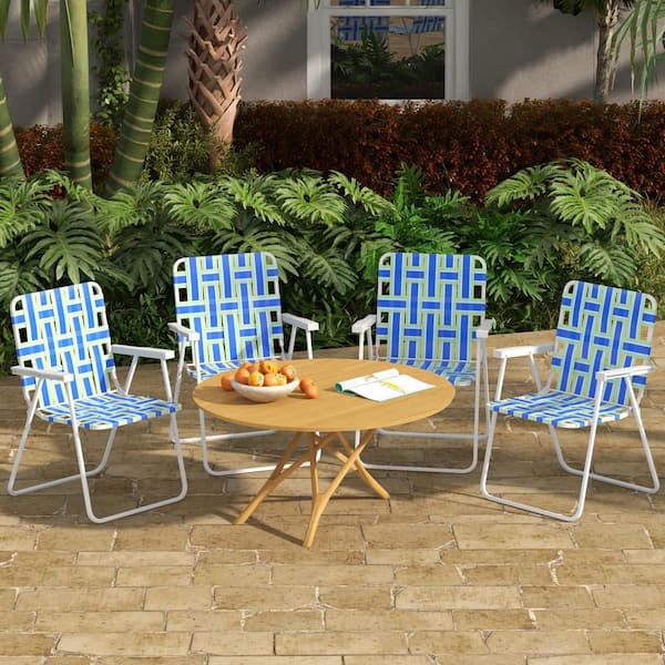 HONEY JOY Blue Metal Folding Webbed Lawn Chairs, Outdoor Patio Folding Beach Chairs with Heavy Duty Frame (Set-4)