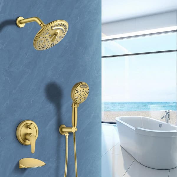 2-Handle 9-Spray Tub and Shower Faucet and Handheld Combo with 8 in. Shower Head in Brushed Gold