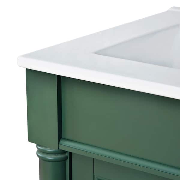 24 in. W Single Sink Freestanding Bath Vanity in Green with White Ceramic Top and Adjustable Shelf