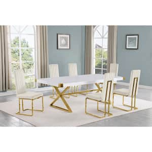 Miguel 7-Piece Rectangle White Wood Top Gold Stainless Steel Dining Set with 6 Cream Velvet Chairs