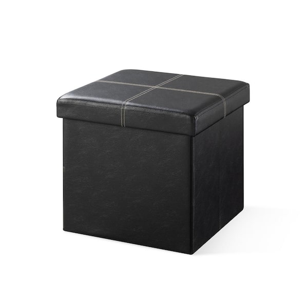 best price mattress 15 in. Black Faux Leather Collapsible Storage Ottoman, Foam Top Seat, Line Design