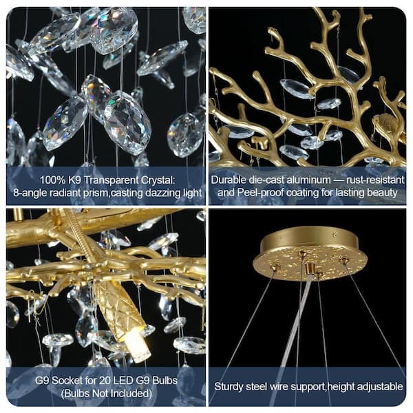 PUYRNF 72 in. 18-Light Dimmable Gold Tree Branches Crystal