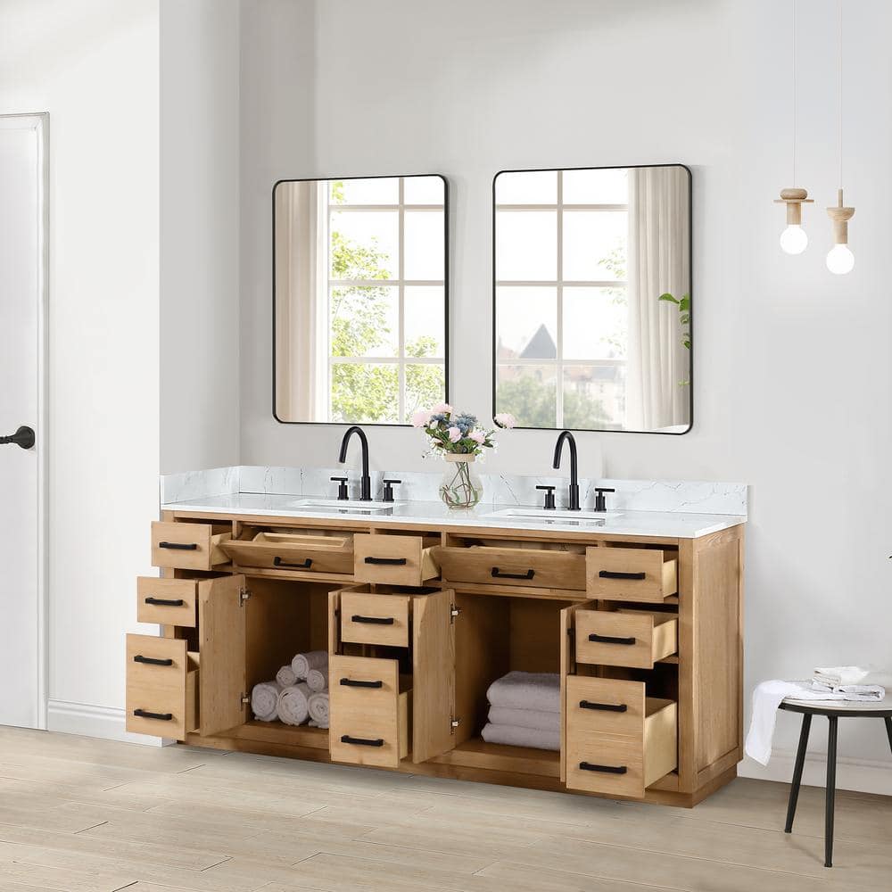 Gavino 84" Light Brown Double Vanity with White Stone Countertop and Mirror