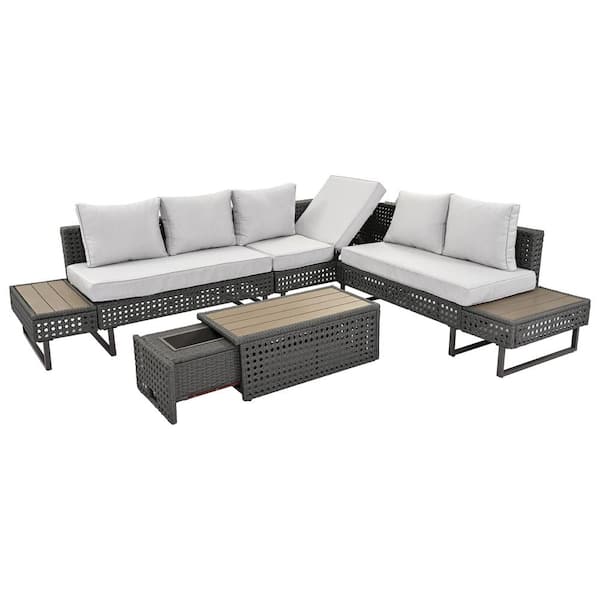 6-Piece Wicker Outdoor Sectional Sofa Set with Gray Cushions, Extendable Coffee Table with Ice Bucket