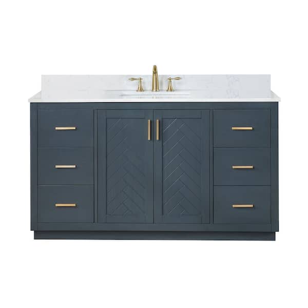 Gazsi 60.0 in. W x 22 in. D x 34 in. H Bath Vanity in Charcoal Blue with Grain White Composite Stone Top