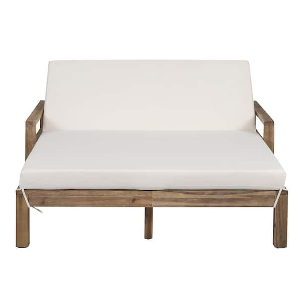 Unbranded Farmhouse-styled Wood Outdoor Day Bed for Relaxation, Patio Sunbed with Beige Cushions for Poolside, Garden and Backyard
