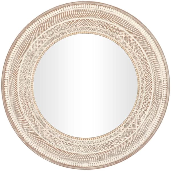 Litton Lane 48 in. x 48 in. Handmade Intricately Carved Round Framed Brown Geometric Wall Mirror with Bohemian Patterns