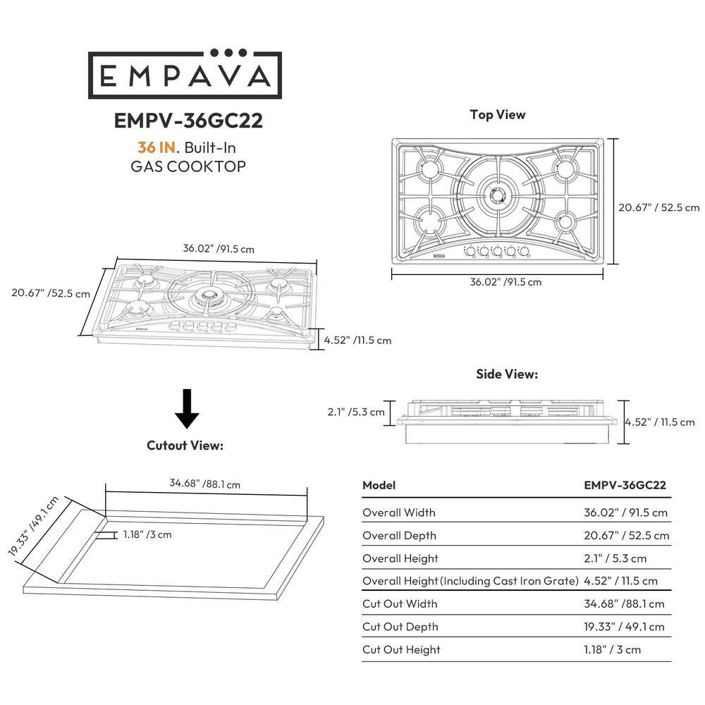 Empava 36" Stainless Steel 5 Burner Gas Cooktop