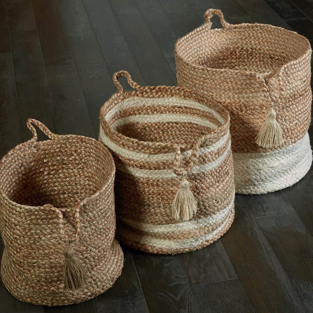 Eco-Friendly Handmade Jute Storage Basket with White Stripes, 19"