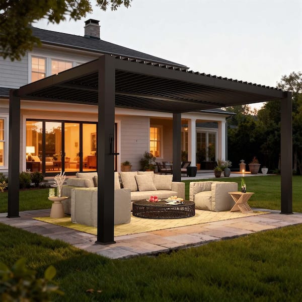 Sizzim 10 ft. x 12 ft. Black Metal Pergola with Adjustable
