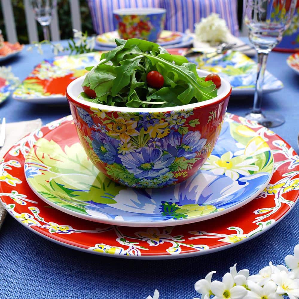 Blossom Blue and Red Floral Ceramic Dessert Bowls Set of 4