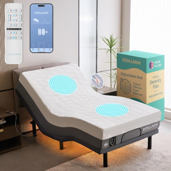 Gray Twin XL Adjustable Bed Frame USB, APP, Dual Massage, Head/Foot Incline, Under Bed Light with 14 in. Hybrid Mattress
